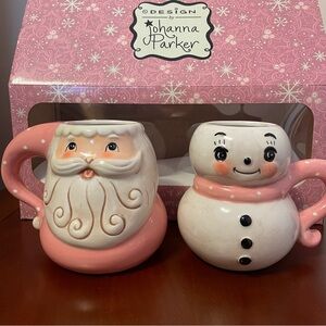 NIB JOHANNA PARKER SANTA CLAUS & SNOWMAN MUGS Cups Christmas Holiday Frosty Tea